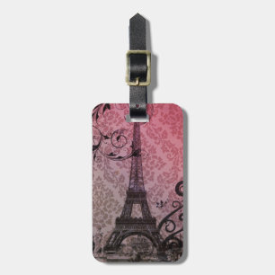 Etiqueta Para Maletas damasco rosa de otoño romántico Torre Eiffel de Pa