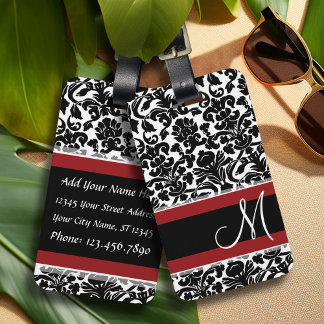 Etiqueta Para Maletas Damasco vintage con blanco negro rojo monogramo