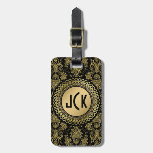 Etiqueta Para Maletas Damascos Florales Monogramados Black & Gold Vintag