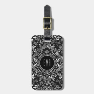 Etiqueta Para Maletas Damascos florales monogramados de plata metálica O