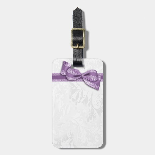 Etiqueta Para Maletas Damero blanco y lazo falso morado (Frente Vertical)