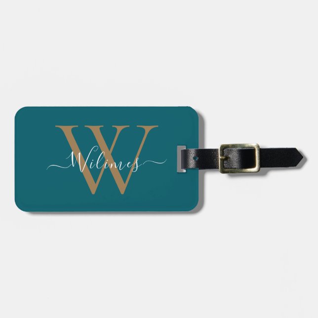 Etiqueta Para Maletas Dark Teal Gold Monogram Script Name Stylish (Frente Horizontal)