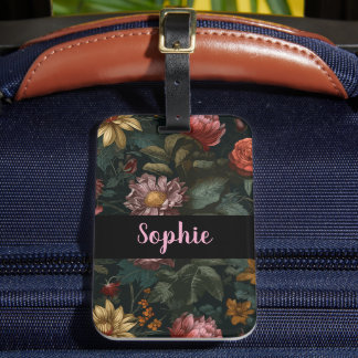Etiqueta Para Maletas Dark Vintage Floral Custom Name Elegant Travel 