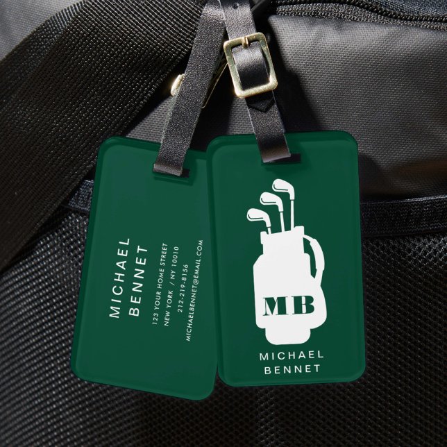 Etiqueta Para Maletas Deporte de Golf Verde Moderno Monogramado (Modern Green Golf Sport Monogrammed Luggage Tag)