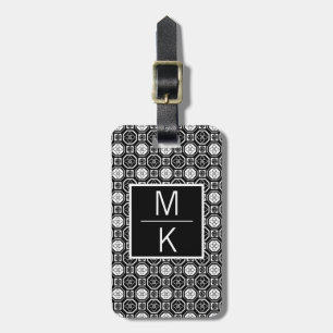 Etiqueta Para Maletas Despliegue de flores de baldosas de BW monogramo