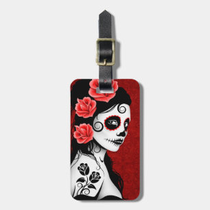 Etiqueta Para Maletas Día del chica muerto del cráneo del azúcar - rojo