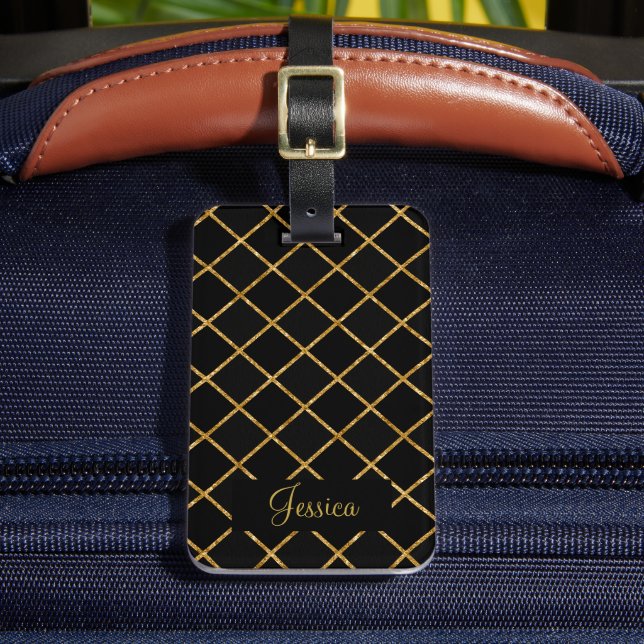 Etiqueta Para Maletas Diamante moderno negro y oro (Anverso In situ 2)