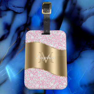 Etiqueta Para Maletas Diamantes de glam en rosa, monograma de oro, nombr