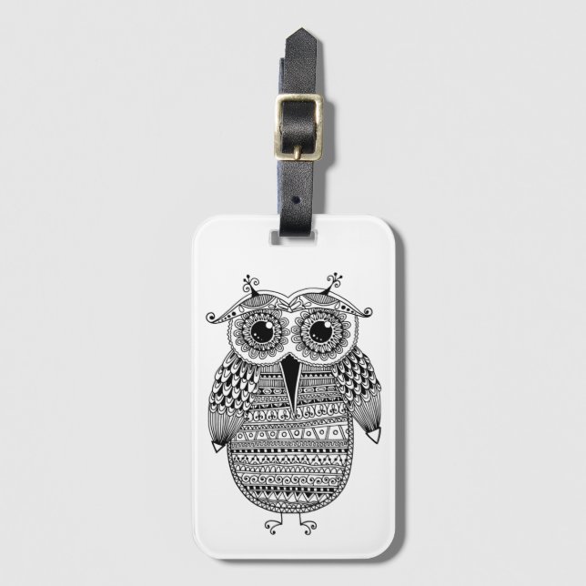 Etiqueta Para Maletas Dibujo étnico de la tinta del búho (Anverso vertical)