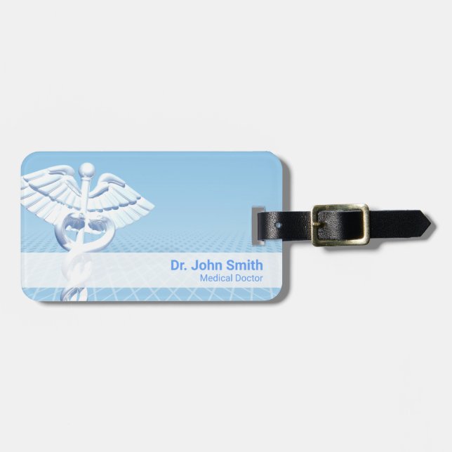Etiqueta Para Maletas Diseño azul Caduceus 3D blanco médico (Frente Horizontal)
