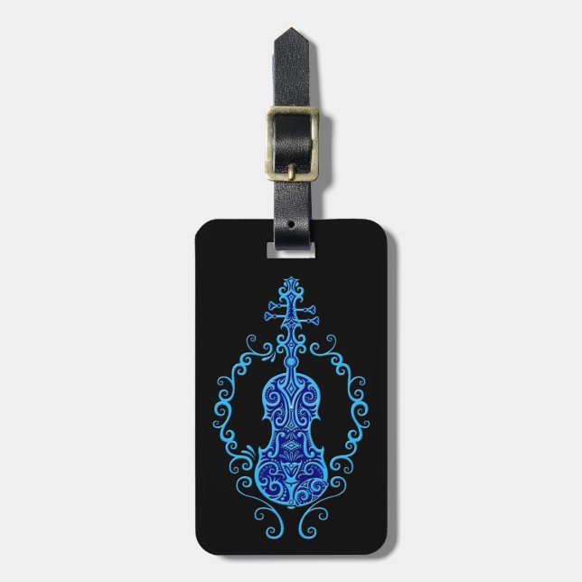 Etiqueta Para Maletas Diseño azul complejo del violín en negro (Frente Vertical)