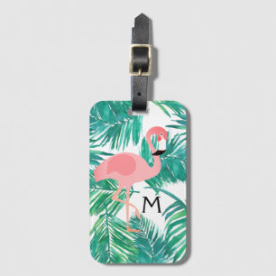 Etiqueta Para Maletas diseño de flamingo monograma en hojas tropicales