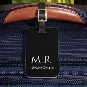 Etiqueta Para Maletas Diseño Dos Monogramas Iniciales y Nombre Negro