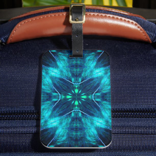 Etiqueta Para Maletas Diseño fractal azul y acuático de flor abstracta