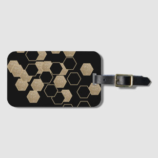 Etiqueta Para Maletas diseño geométrico elegante de hexágono negro y oro