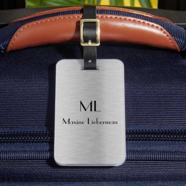 Etiqueta Para Maletas Diseño metálico cepillado de plata editable (Anverso In situ 2)