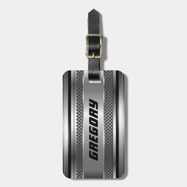 Etiqueta Para Maletas Diseño Monogramado de franjas máculinas Faux Silve (Frente Vertical)