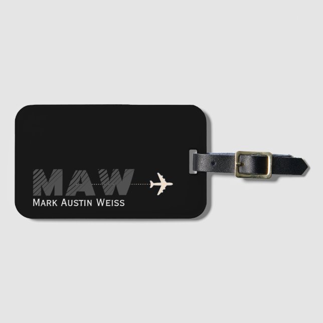 Etiqueta Para Maletas diseño negro con nombre/iniciales del viajero (Anverso horizontal)