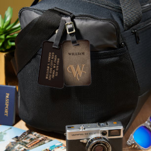 Etiqueta Para Maletas Dorado Monograma Faux Leather Marrón oscuro