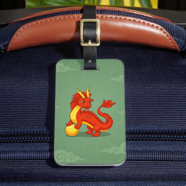 Etiqueta Para Maletas Dragón Chino Rojo sobre Verde (Anverso In situ 2)