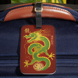 Etiqueta Para Maletas Dragón lunar lujoso verde esmeralda y oro