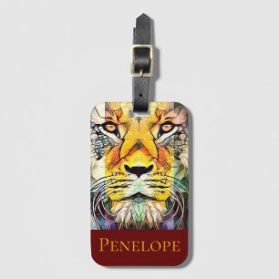 Etiqueta Para Maletas Dramático y colorido Lion Wildlife Pop Art con nom