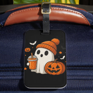 Etiqueta Para Maletas Dulce Fantasma de Halloween con Calabaza y Bebida