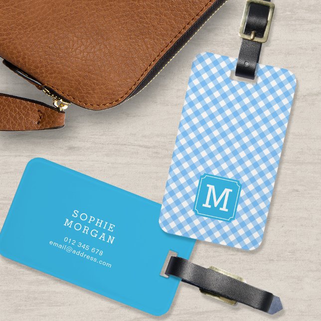 Etiqueta Para Maletas Dulce Monograma Bebé Azul Gingham (Subido por el creador)