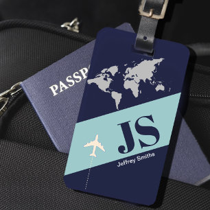 Etiqueta Para Maletas El azul oscuro, elegante y moderno viaje aéreo