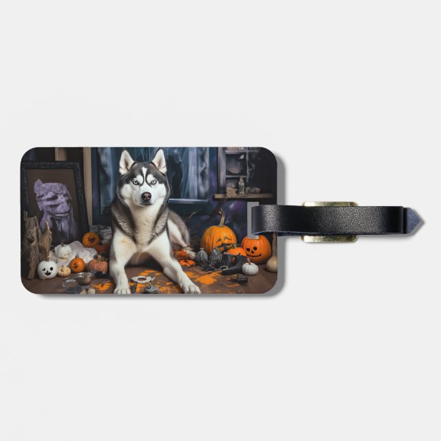 Etiqueta Para Maletas El Husky Siberiano Calabaza Halloween Scary (Atrás Horizontal)
