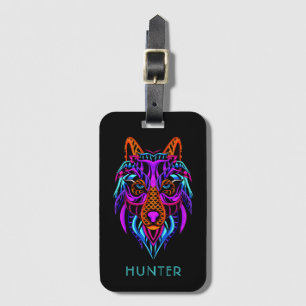 Etiqueta Para Maletas El lobo neón tribal personalizado