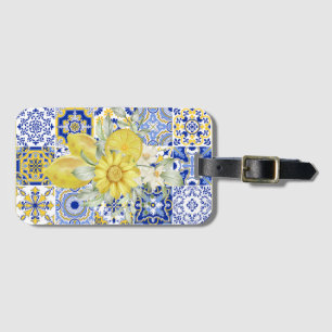 Etiqueta Para Maletas El mosaico florece en azul y amarillo