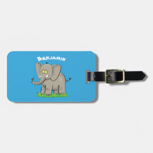Etiqueta Para Maletas Elefante divertido y lindo con pájaro en la trompa
