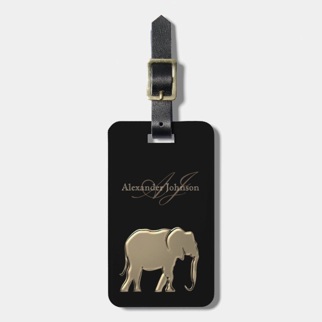 Etiqueta Para Maletas Elefante dorado Moda monogramada negro (Frente Vertical)