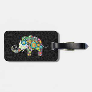 Etiqueta Para Maletas Elefante floral retro colorido y damascos negros 2