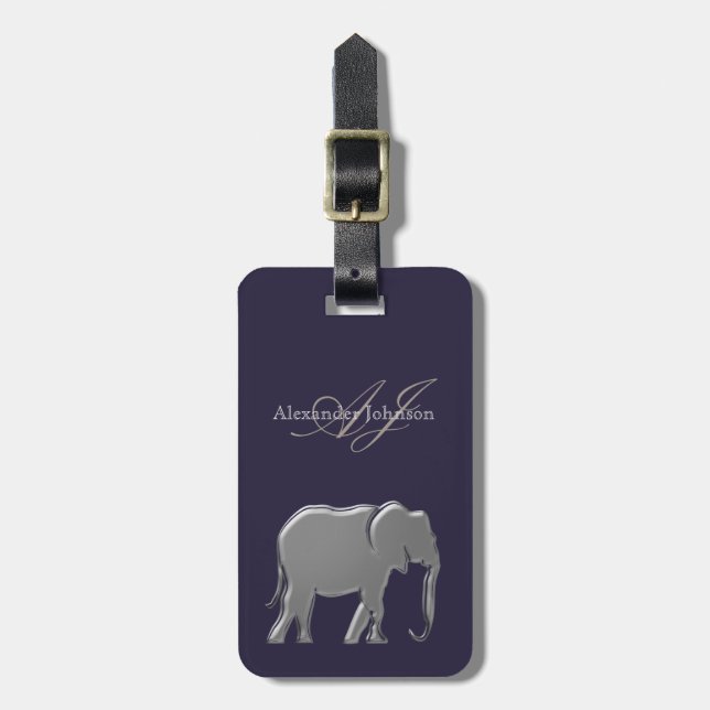 Etiqueta Para Maletas Elefante Plateado Moderno Monogramado (Frente Vertical)
