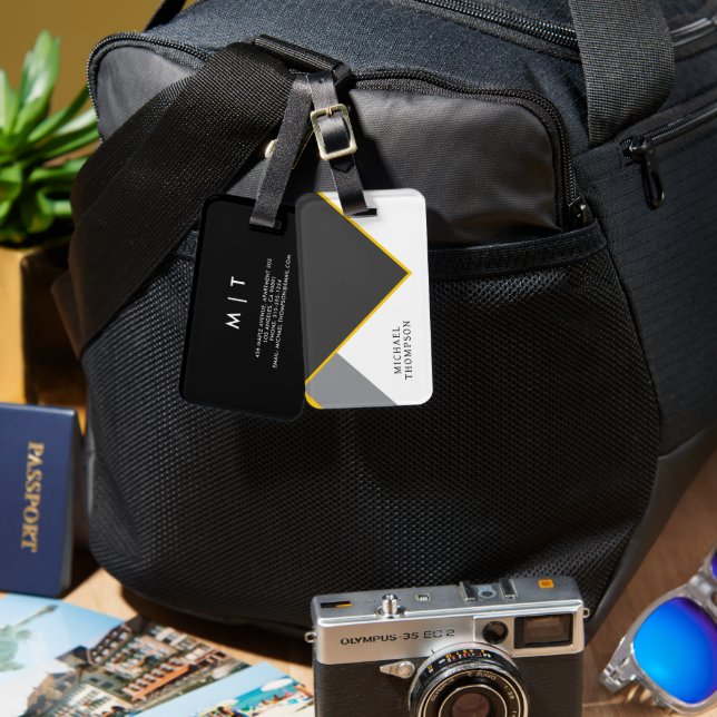 Etiqueta Para Maletas Elegant Black & Golden Border geometric Background (Anverso & Reverso)