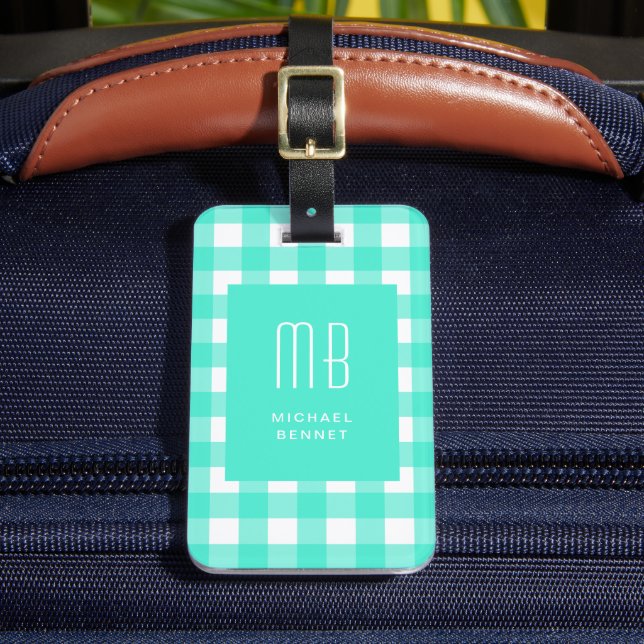 Etiqueta Para Maletas Elegant Green Gingham Monogram (Anverso In situ 2)