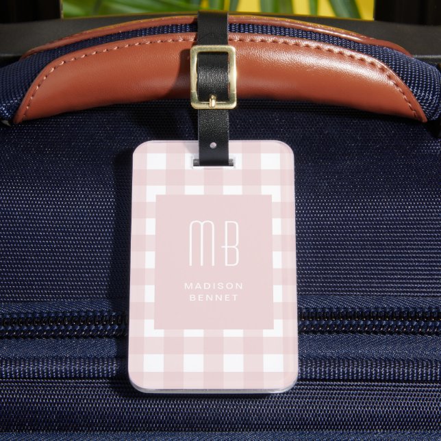 Etiqueta Para Maletas Elegant Pink Gingham Monogram (Anverso In situ 2)
