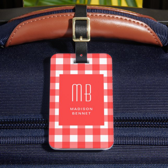 Etiqueta Para Maletas Elegant Red Gingham Monogram (Anverso In situ 2)