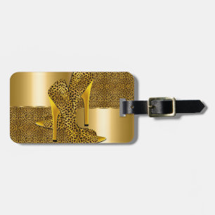 Etiqueta Para Maletas Elegante animal de tacones altos de leopardo dorad