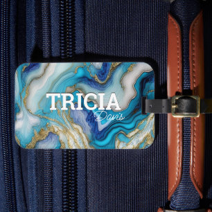 Etiqueta Para Maletas Elegante arte de mármol azul acuático falso purpur