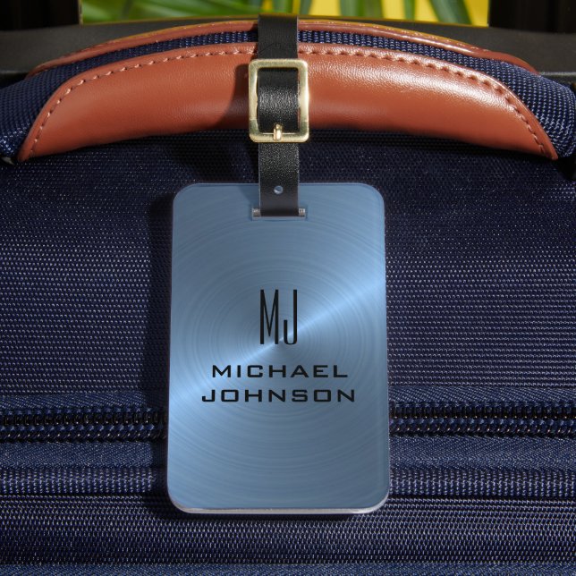 Etiqueta Para Maletas Elegante azul claro cepillado metálico monogramado (Anverso In situ 2)
