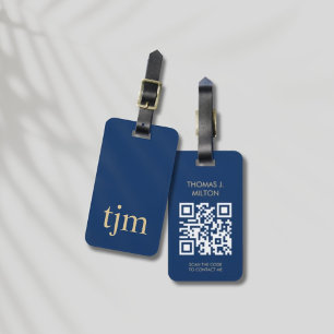 Etiqueta Para Maletas Elegante azul dorado negrita Monograma Código QR