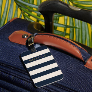 Etiqueta Para Maletas Elegante Azul Marino y Rayas de Crema Personalizad