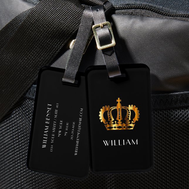 Etiqueta Para Maletas Elegante Black Faux Gold Crown (Elegant Black Faux Gold Crown Luggage Tag)