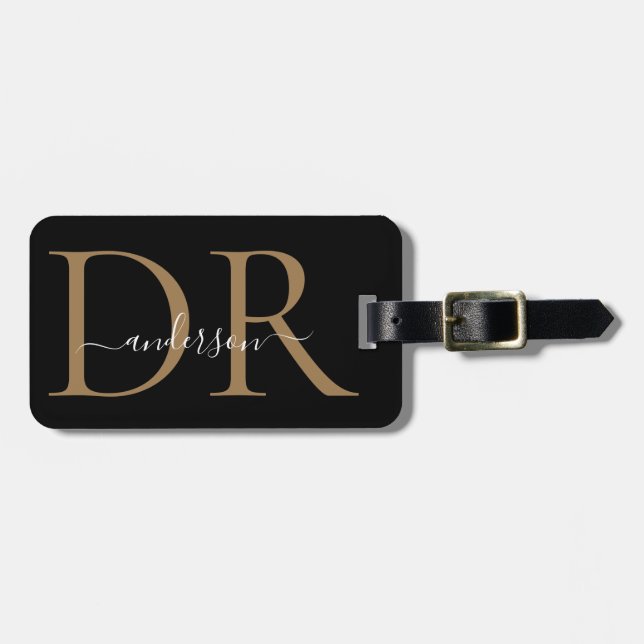 Etiqueta Para Maletas Elegante Black Gold Monograma Script Nombre Elegan (Frente Horizontal)
