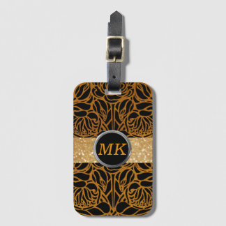 Etiqueta Para Maletas Elegante Black Gold Monograma Script Nombre Elegan
