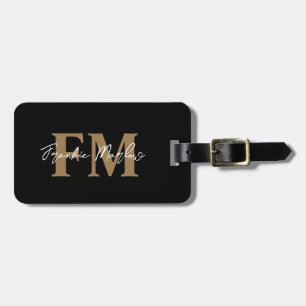 Etiqueta Para Maletas Elegante Black Gold Monograma Script Nombre Elegan