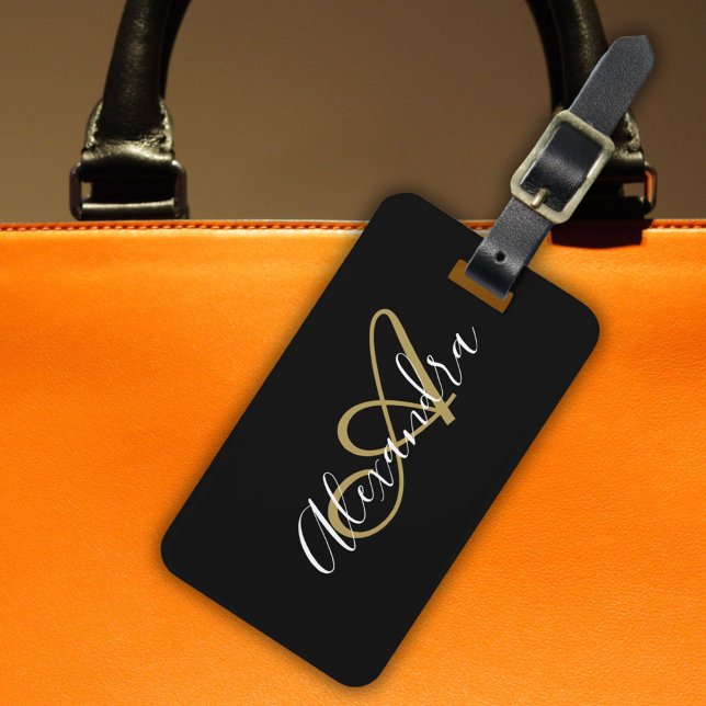 Etiqueta Para Maletas Elegante Black Gold Monograma Script Nombre Elegan (Elegant Black Gold Monogram Script Name Stylish Luggage Tag)